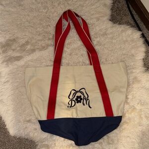 Stylish Cream and Navy Tote Bag with Red Straps